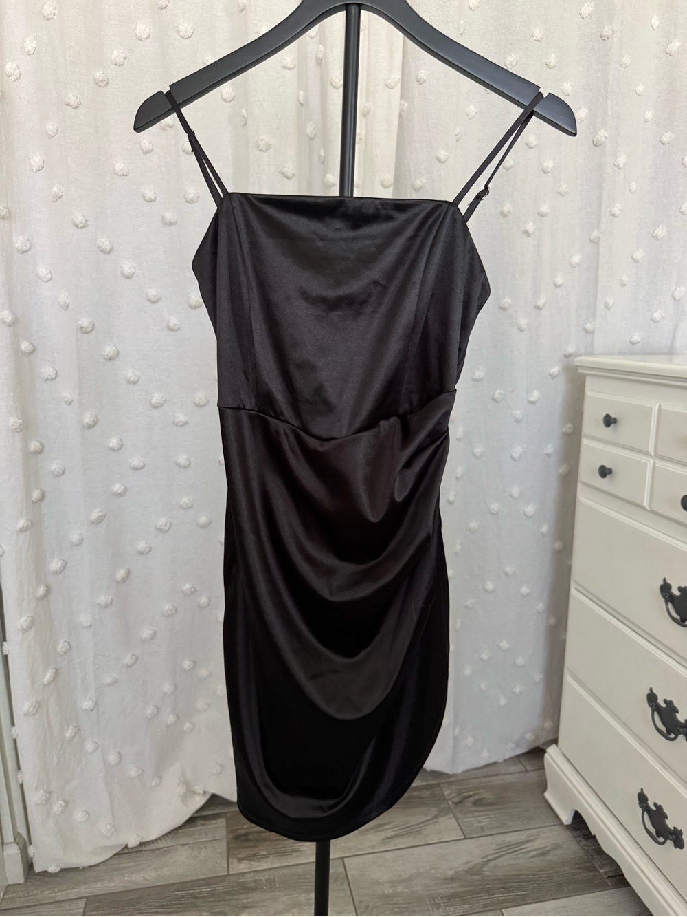 Honey and Rosie Black Satin Draped Mini Dress